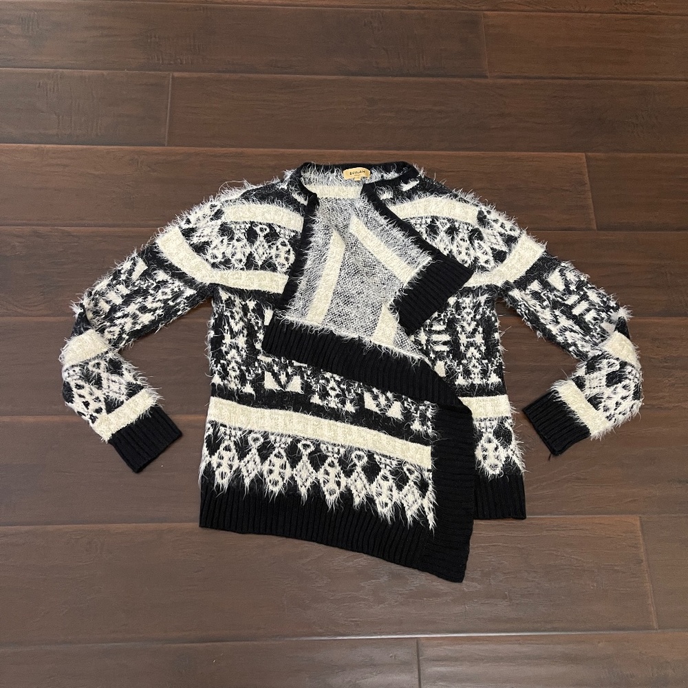 Beulah Style Women's Black Ivory Geometric Open Cardigan Sweater Sz S/M